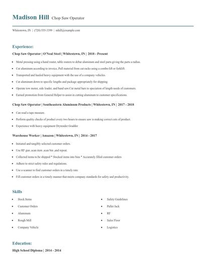 Chop Saw Operator Resume