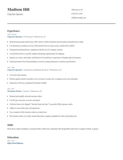 Chop Saw Operator Resume