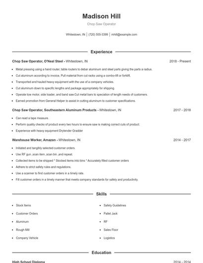 Chop Saw Operator Resume