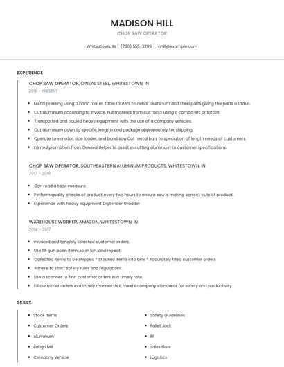 Chop Saw Operator Resume