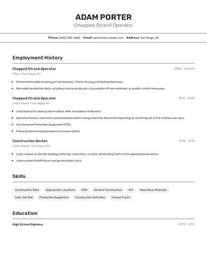 Chopped Strand Operator Resume