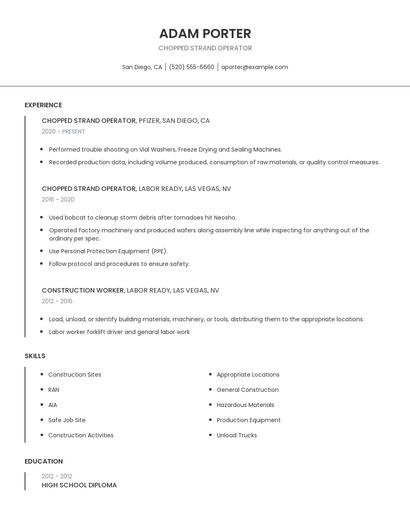 Chopped Strand Operator Resume