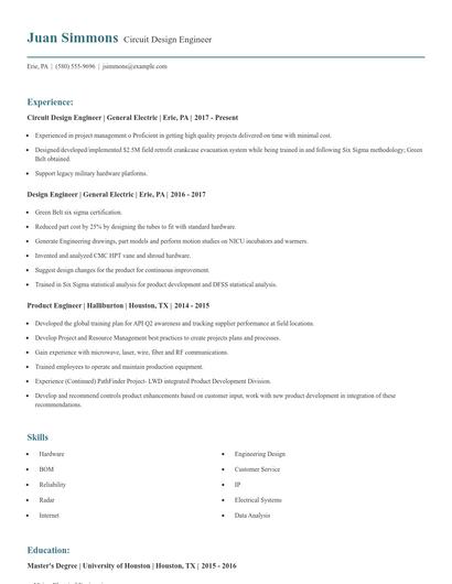 Circuit Design Engineer Resume