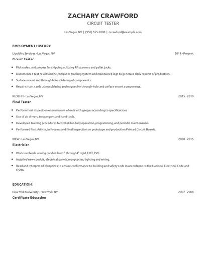 Circuit Tester Resume