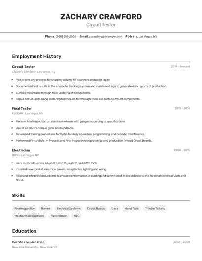 Circuit Tester Resume