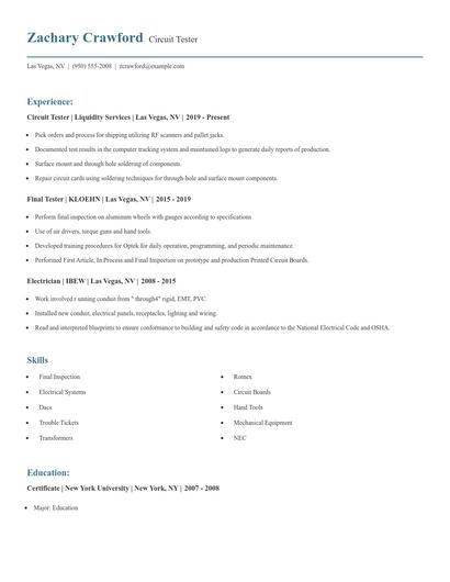 Circuit Tester Resume