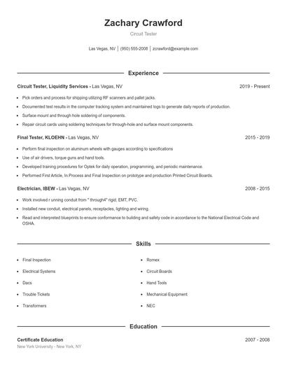 Circuit Tester Resume