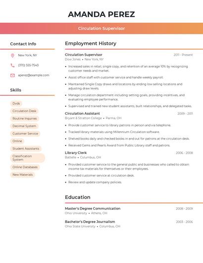 Circulation Supervisor Resume