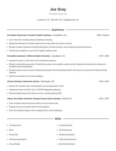 Circulation Supervisor Resume
