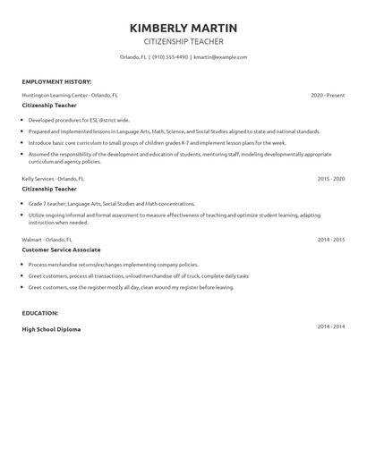 Citizenship Teacher Resume