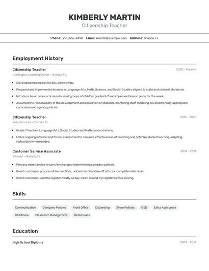 Citizenship Teacher Resume