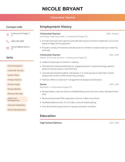 Citizenship Teacher Resume