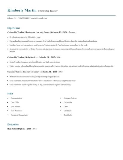 Citizenship Teacher Resume
