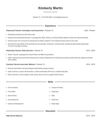 Citizenship Teacher Resume