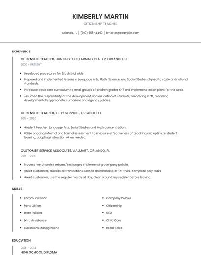 Citizenship Teacher Resume