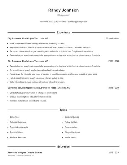 City Assessor Resume