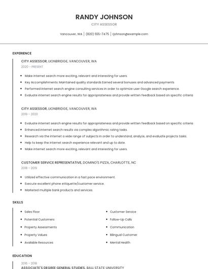 City Assessor Resume
