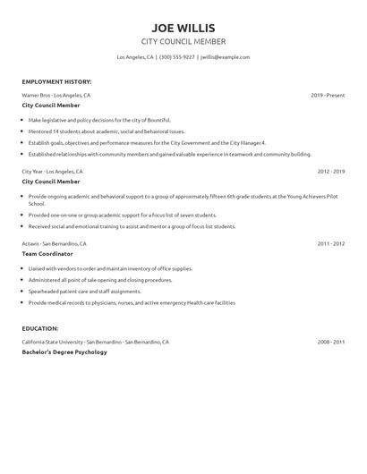 City Council Member Resume