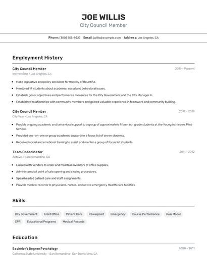 City Council Member Resume