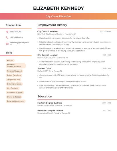 City Council Member Resume