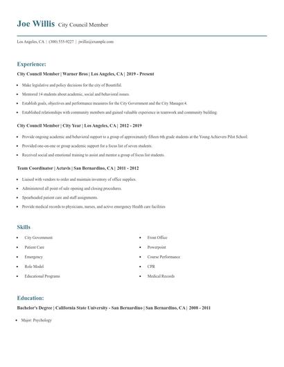City Council Member Resume