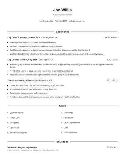 City Council Member Resume