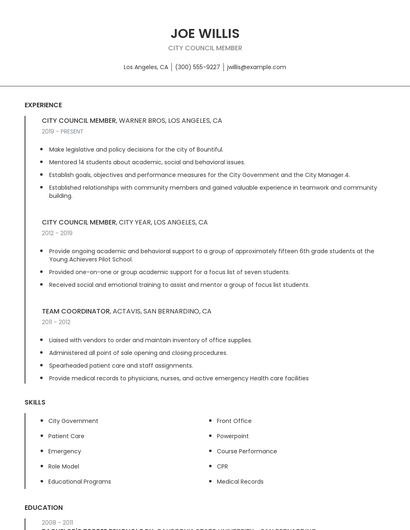 City Council Member Resume
