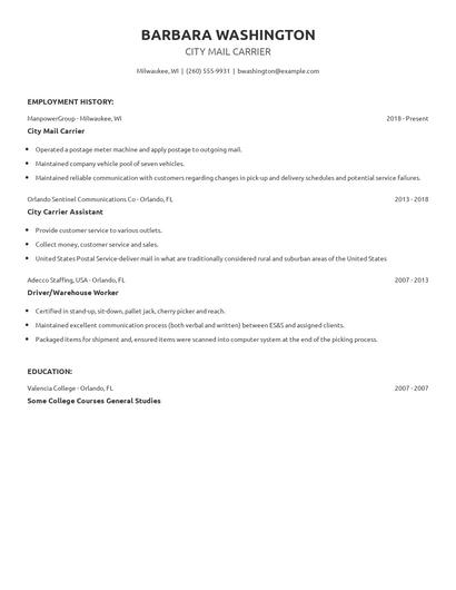 City Mail Carrier Resume