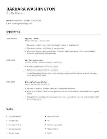 City Mail Carrier Resume
