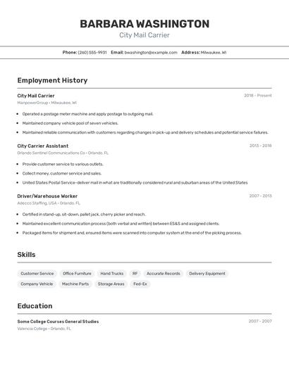 City Mail Carrier Resume