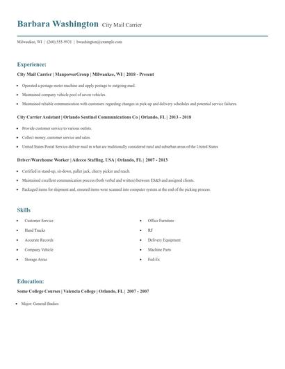 City Mail Carrier Resume