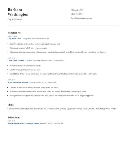 City Mail Carrier Resume
