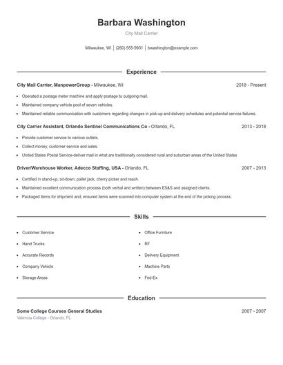City Mail Carrier Resume