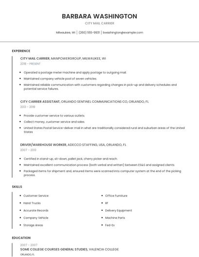 City Mail Carrier Resume