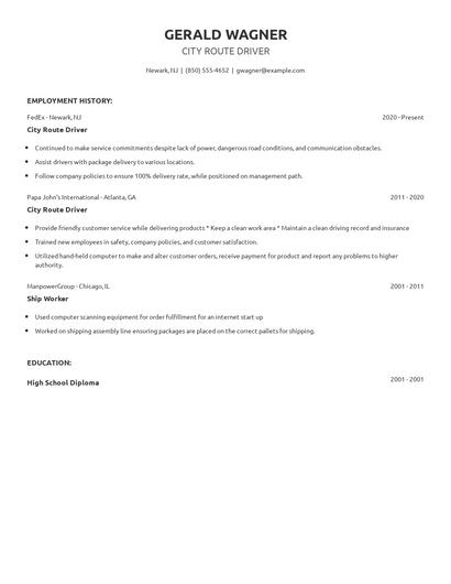 City Route Driver Resume
