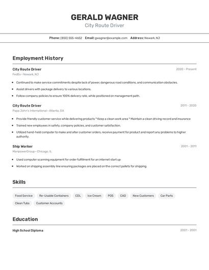 City Route Driver Resume