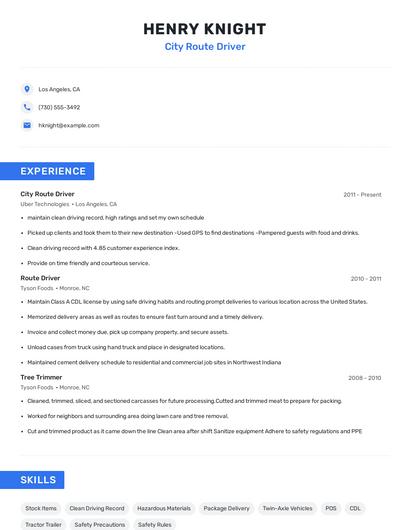 City Route Driver Resume