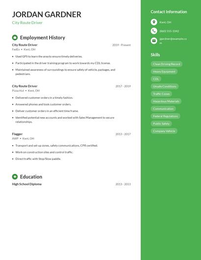 City Route Driver Resume