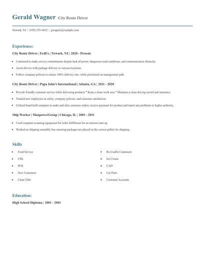 City Route Driver Resume