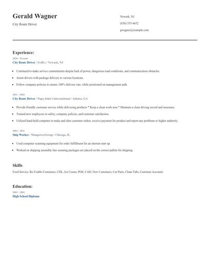City Route Driver Resume
