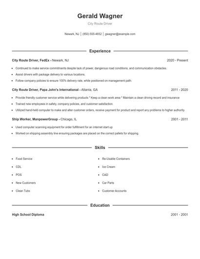 City Route Driver Resume