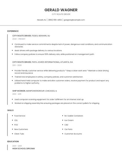 City Route Driver Resume
