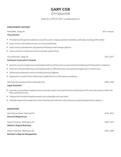 City Solicitor Resume