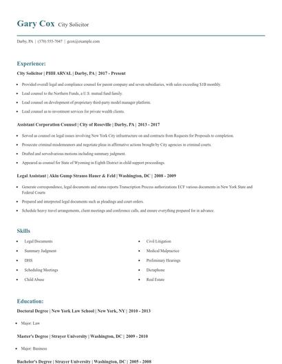 City Solicitor Resume