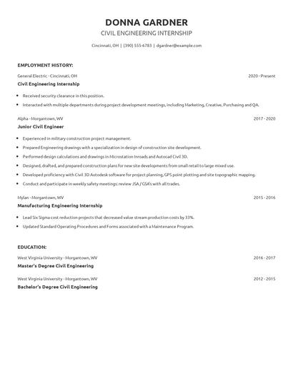 Civil Engineering Internship Resume