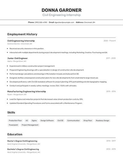 Civil Engineering Internship Resume