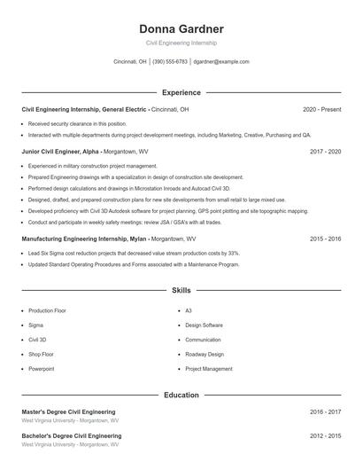 Civil Engineering Internship Resume