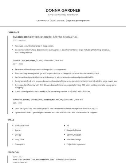 Civil Engineering Internship Resume