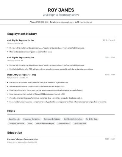 Civil Rights Representative Resume