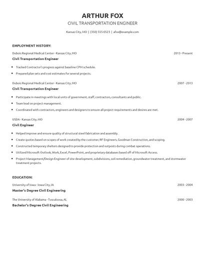 Civil Transportation Engineer Resume